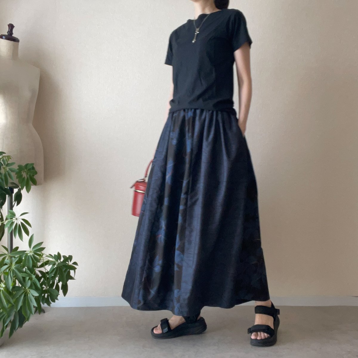 即納-『大島紬ギャザースカート』gathered skirt 裏地付き