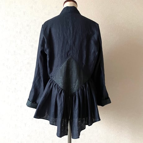 バックダイヤ・トップス【藍色】Linen gathered top x Kimono Fabric