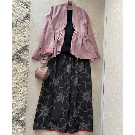 バックダイヤ・トップス【PK】Linen gathered top x Kimono Fabric