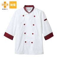コックコート　　７分袖　白／ワイン（6-438）