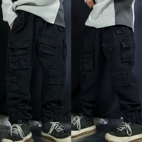 USED Multi Pockets Loose Tapered Piece Dyed Black Cotton Pants