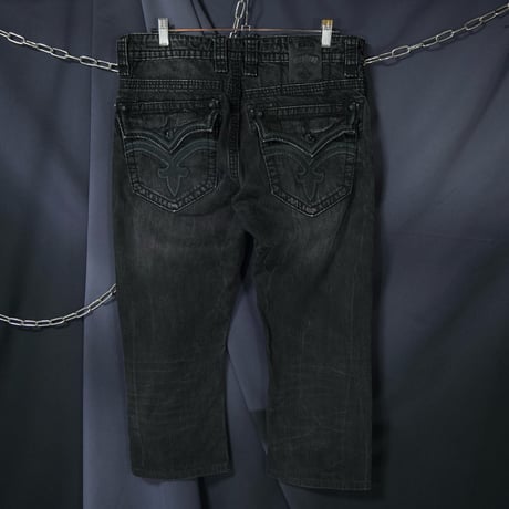 Rock Revival W38 Fleur de lis Embroidery Orange Selvage Piece Dyed Black Loose Straight Denim