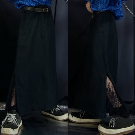 ELVA CAVALETTI Italy Made Black Linen Side Flower Lace Flare Skirt