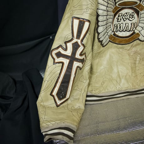 90s~00s RAWBLUE “Junk” All Embroidery Cross Emblem Patches PU Leather Stadium Jacket