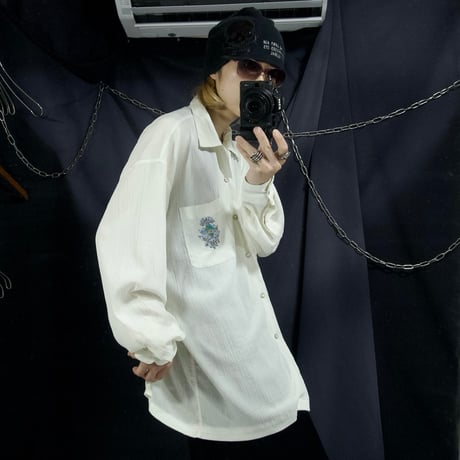 90s~00s RENOWN Japan made Triacetate Pleats Gauze Emblem Embroidery L/S Shirts