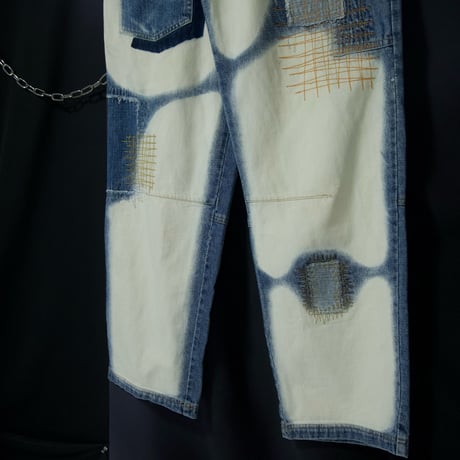 noiz JEANS Russia made Rebuild Multi Pockets Stitched Embroidery Bleached Baggy White Denim