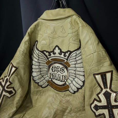 90s~00s RAWBLUE “Junk” All Embroidery Cross Emblem Patches PU Leather Stadium Jacket