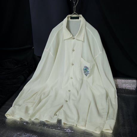 90s~00s RENOWN Japan made Triacetate Pleats Gauze Emblem Embroidery L/S Shirts