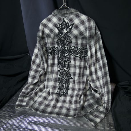 Roar Flowers&Cross Embroidery L/S Cotton Check Western Shirts