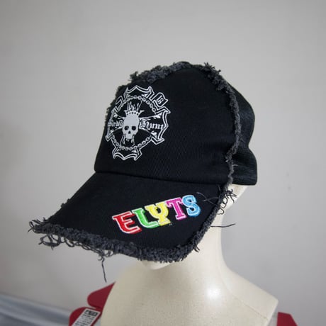 USED Skull Embroidery Fringe Denim Mesh Cap