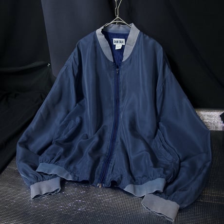90s DAN SILK Smoky Navy Box silhouette Silk100% MA-1 type Bomber Jacket
