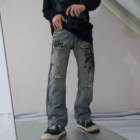 Semanticdesign Skull,Dragon,Tribal BootsCut Crush Denim