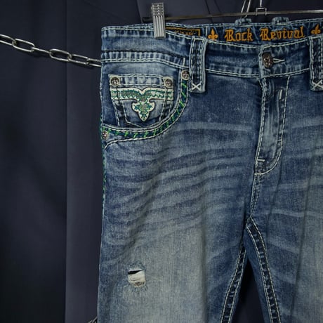 Rock Revival Fleurdelis Embroidery Orange Selvage Camouflage Switch Loose Straight Damage Wash Denim