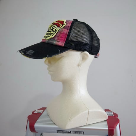 USED Tartan Check Embroidery Damage Mesh Cap