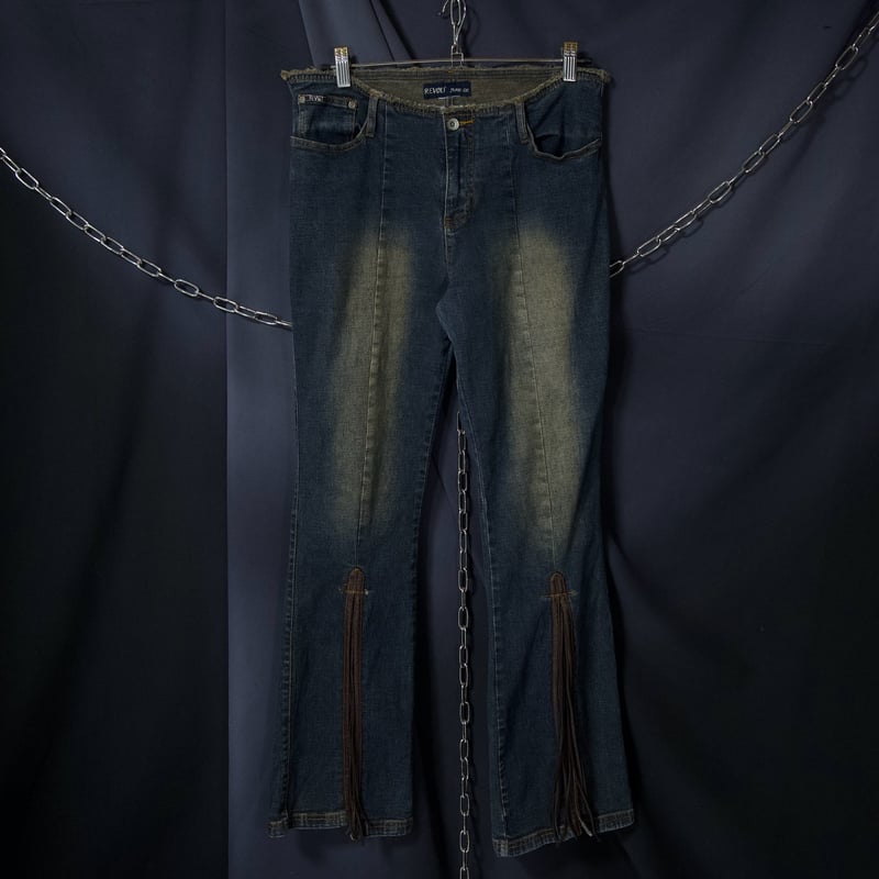 90s REVOLT Jeans Center Slit Fringe Leather Was