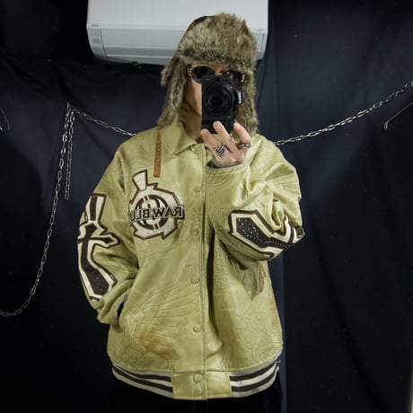 90s~00s RAWBLUE “Junk” All Embroidery Cross Emblem Patches PU Leather Stadium Jacket