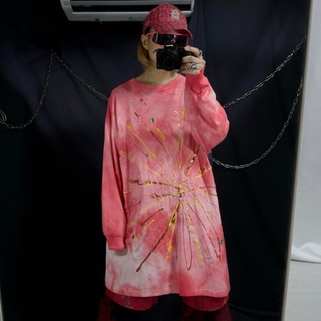 90s USA made Anvil Radial Splatter 3D Painting Tie Dye Long Length L/S Tee Dress