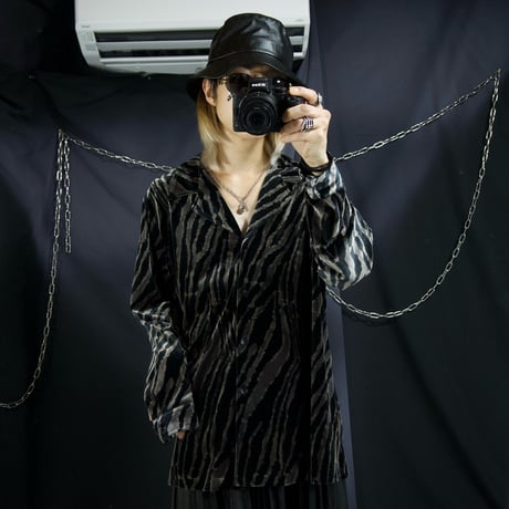 90s SAG HARBOR Tailored Open Collar Velor Tiger Patterns Shirts Jacket