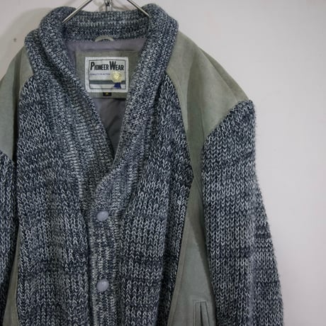 80s Pioneer Wear Suede Leather Switched Oversized Acrylic Knit Cardigan