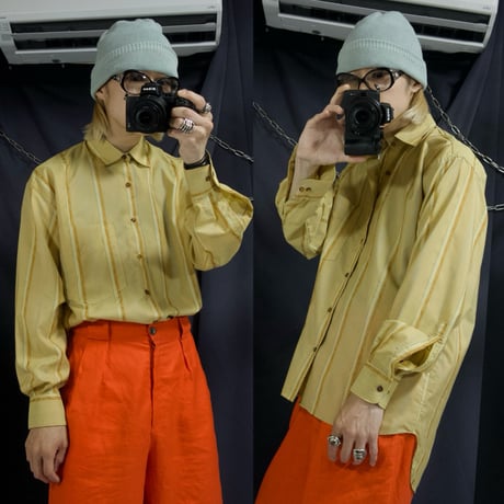 c1990~ Deadstock PINGPONG Italy made Multi Stripe Lily Embroidery Rayon L/S Shirts
