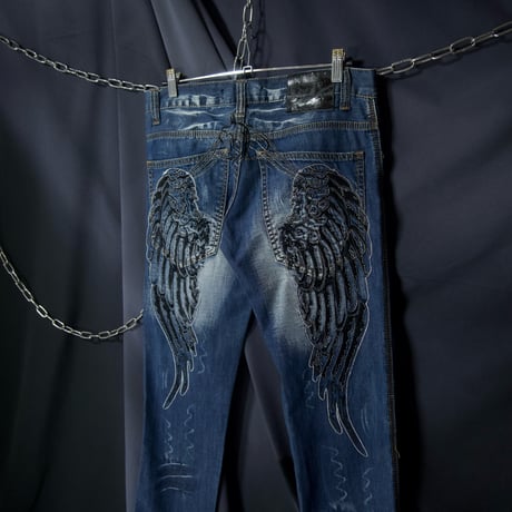 K&M Jeans KOSMO MODA Feathers Embroidery Silver Stitched Wash Denim