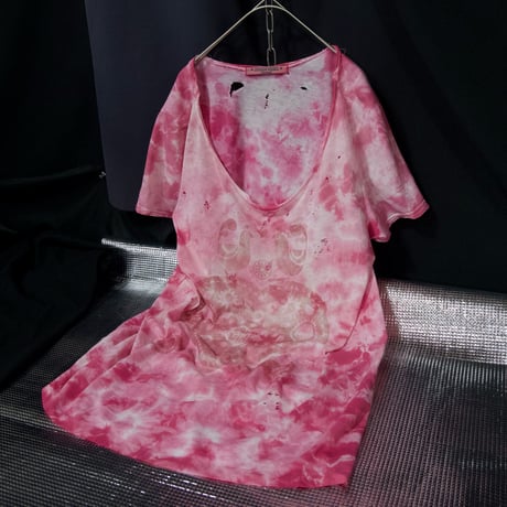 10s DOLLY GIRL ANNA SUI Round Neck TieDye Bleached Boro Danage CutOff Oriental Heart Graphic S/S Tee