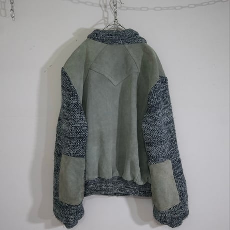 80s Pioneer Wear Suede Leather Switched Oversized Acrylic Knit Cardigan