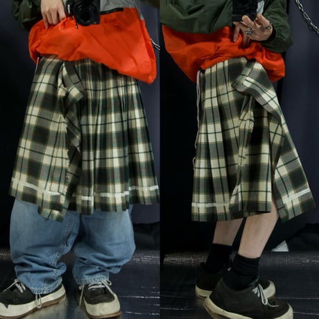70s ALjean Canada Virgin Wool Tartan×Ombre Check Pleats Kilt Wrap Skirt