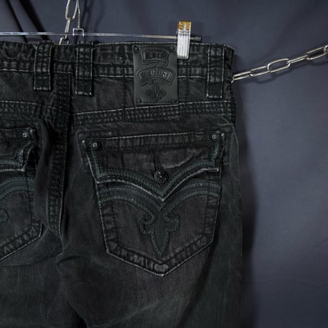 Rock Revival W38 Fleur de lis Embroidery Orange Selvage Piece Dyed Black Loose Straight Denim
