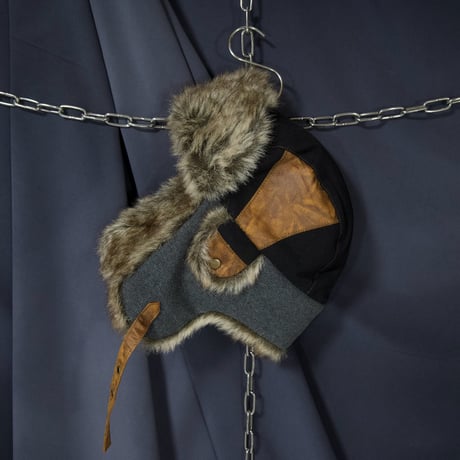 USED PU Leather 3tone Patchwork Quilting Fake Fur Flight Cap