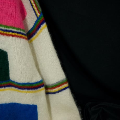 80s Yamamoto Kansai Multi Colors Borders Geometric Patterns Turtle Neck Mohair Knit Sweater