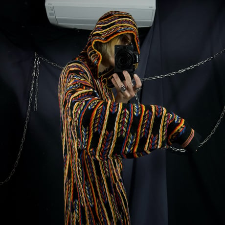 00s Ak:cess Multi Color Border Stripe Oversized Acrylic Full zip 3D Knit Hoodie Sweater