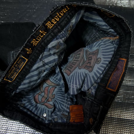 Rock Revival W38 Fleur de lis Embroidery Orange Selvage Piece Dyed Black Loose Straight Denim