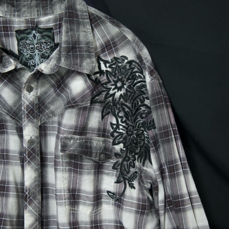 Roar Flowers&Cross Embroidery L/S Cotton Check Western Shirts