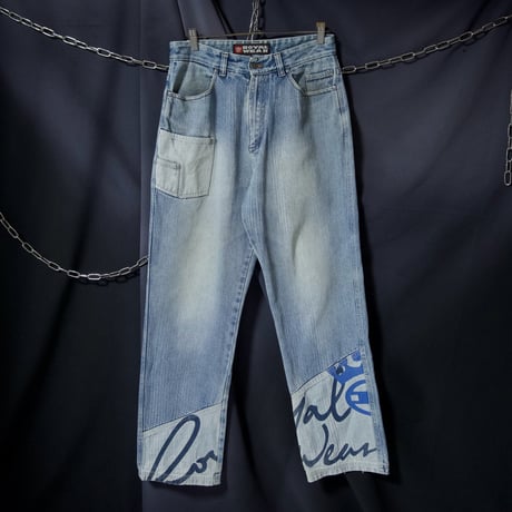 ROYAL WEAR Wash Blue Patchwork Embroidery Baggy Denim