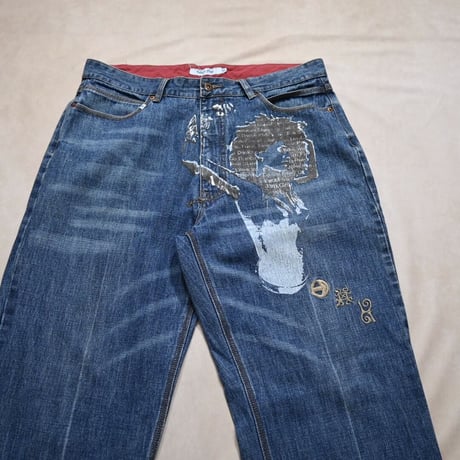 Indigo Red Design Wide Denim Pants