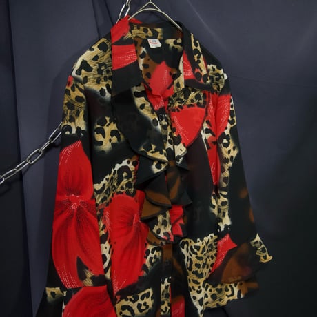 Euro USED Leopard×Flower Flare Sleeves 7/S Open Collar Frill Shirts