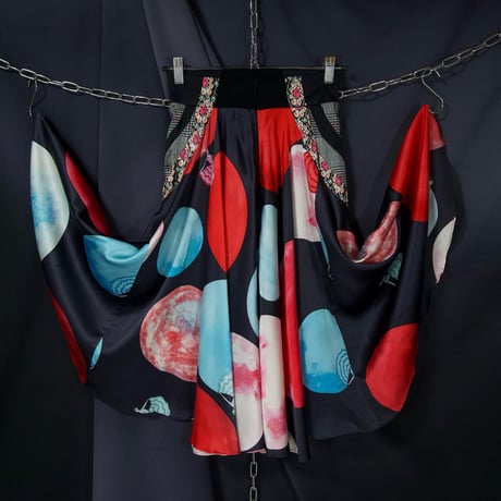 14AW TSUMORICHISATO Moon Dots GlenCheck Flower FullGraphic Silk 100% Tucks Flare Draping Midi Skirts