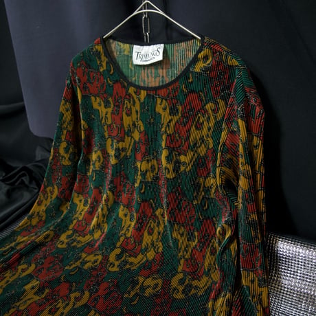 USED Botanical (Tribal&Lily&Fire) Raster Color Full Graphic Pleats Dress L/S Tee