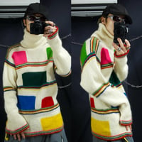 80s Yamamoto Kansai Multi Colors Borders Geometric Patterns Turtle Neck Mohair Knit Sweater