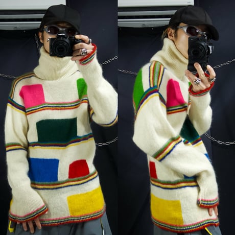 80s Yamamoto Kansai Multi Colors Borders Geometric Patterns Turtle Neck Mohair Knit Sweater