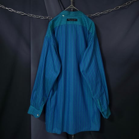 USED Fabric Italy Fake Reversible Pure Cotton Chalk Stripe Graduation Emerald Band Collar L/S Shirts