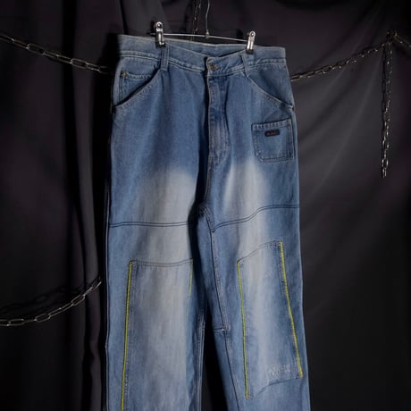 AllAmericanCity Russia made Washed Double Knee Embroidery Denim Baggy Pants