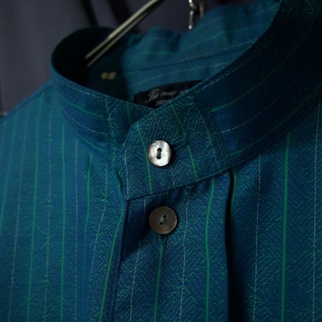 USED Fabric Italy Fake Reversible Pure Cotton Chalk Stripe Graduation Emerald Band Collar L/S Shirts