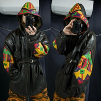 90s Marc Buchanan Pelle Pelle Dolman Sleeve Multi Color Embroidery Leather Jacket/Mountain Hoodie