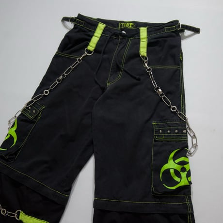 TRIPP NYC Chains Studs Zip Biohazard Print Detachable Parachute Bontage Raver Pants