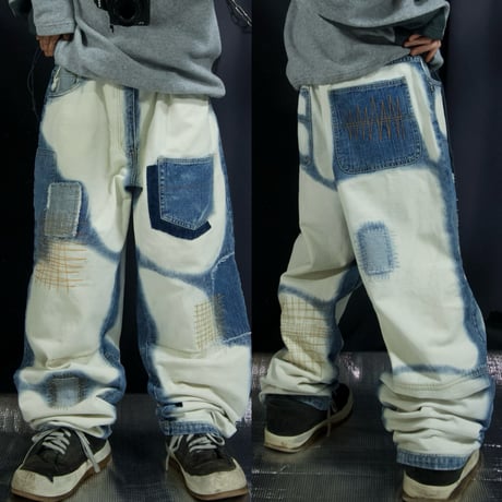 noiz JEANS Russia made Rebuild Multi Pockets Stitched Embroidery Bleached Baggy White Denim