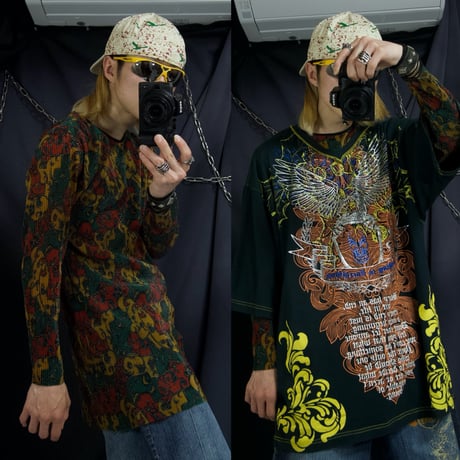 USED Botanical (Tribal&Lily&Fire) Raster Color Full Graphic Pleats Dress L/S Tee