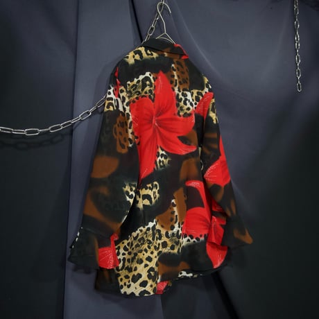 Euro USED Leopard×Flower Flare Sleeves 7/S Open Collar Frill Shirts