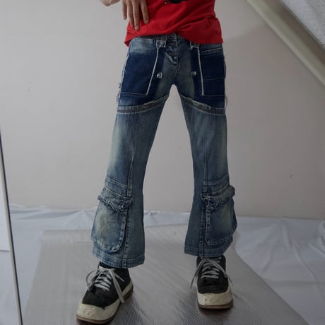 Marithe Francois Girbaud Switching Seam Cargo Pocket Design Flare Denim